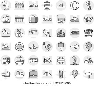 Editable thin line isolated vector icon set - greate wall, bridge, drawbridge, dome house, pyramid, geo pin, route, plane, map, broken, train, bus, sail boat, tourist, suitcase, baggage checking