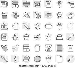 Editable thin line isolated vector icon set - stands for knives, pan, cauldron, steam, vegetable oil, cook glove, cutting board, chef knife, rolling pin, grill oven, double boiler, blender, bbq, jar