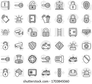 Editable thin line isolated vector icon set - lock, unlock, doctor case vector, ambulance car, stairs, building helmet, important flag, security man, detector, surveillance, safe, lifebuoy, unlocked