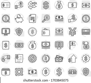 Editable thin line isolated vector icon set - hand coin, money, account balance, receipt, exchange vector, dollar, cash, bag, piggy bank, investment, growth, medal, flag, shield, calendar, monitor