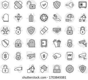 Editable thin line isolated vector icon set - lock, unlock, biohazard vector, protected, insurance, uv cream, lifebuoy, locked, key, surveillance camera, shield, cook glove, hand leaf, scarecrow