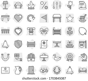 Editable thin line isolated vector icon set - bow, sale, heart, equalizer, medal, column, bridge, fountain, perishable, hawaiian wreath, restaurant, pendant, table, dresser, crib, door, floor lamp