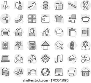 Editable thin line isolated vector icon set - sale, dna vector, garage, stairs, satellite, map, cart, home, remote control, locked, share, phone, unlock, pan, cake, garbage bin, pen, notebook pc