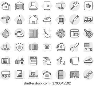 Editable thin line isolated vector icon set - home, block wall, barometer, drop, ring button, table, tv, radiator, iron, fridge, scoop, kettle, hair dryer, pan, cup, window, pool, oven, water tap