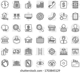 Editable thin line isolated vector icon set - receipt, mansion, stairs, office, client, clipboard pen, package, suitcase, phone, vector, housing, student, bank, manager, clock, dollar medal, support