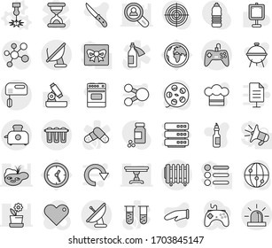 Editable thin line isolated vector icon set - laser vector, cook hat, glove, knife, oven, bbq, oil, microscope, presentation, pills vial, target, molecule, water bottle, earth, clock, film spool