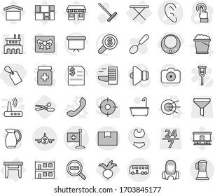 Editable thin line isolated vector icon set - label, necklace, ear vector, medical flag, modular house, factory, plane, package box, bus, hotel, stool, iron board, satellite, phone, data search, jug