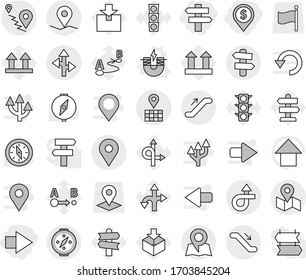 Editable thin line isolated vector icon set - dollar pin, right arrow, singlepost, trip, geo, map, route, escalator, signpost, compass, electric magnet vector, up, traffic light, top sign, package
