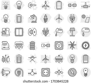 Editable thin line isolated vector icon set - megafon, spark plug, bulb, air conditioning, electricity, power socket, switch, mixer, coffee maker, floor lamp, photon vector, magnetic field, coil
