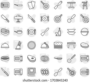 Editable thin line isolated vector icon set - cafe, restaurant, table, Chair for babies, pan, skimmer, knife holder, microwave oven, cooking book, plates, fork spoon plate, steake, wine, spatula