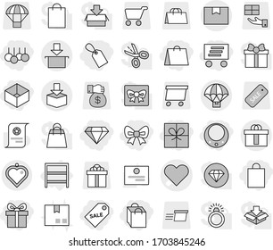 Editable thin line isolated vector icon set - gift, bow, shopping bag, box, label, sale, delivery, diamond, necklace, heart vector, package, hi quality, parachute, pendant, rack, certificate, cart