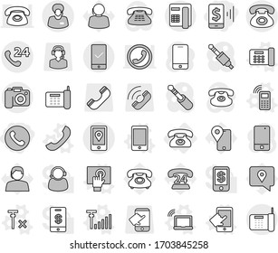 Editable thin line isolated vector icon set - mobile pay, phone, 24, support manager, location, checking, camera, vector, laptop wifi, office, touchscreen, antenna signal, no, traking, call, center