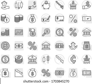 Editable thin line isolated vector icon set - money, percent, library, house hold vector, bank, japanese candle, crisis, bag, piggy, investment, coin stack, check, building, cent sign, gift, arrow