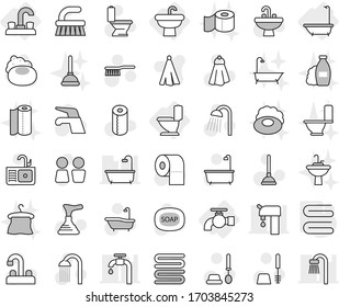 Editable thin line isolated vector icon set - water tap, sink, bath, toilet, towel, soap vector, plunger, fetlock, brush, paper, shower, closet, shampoo, hanger, supply