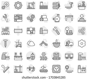 Editable thin line isolated vector icon set - nail, factory, port, customs control, fork loader, warehouse scales, railroad shipping, transporter tape, power socket, table, vector, press, ladle, big