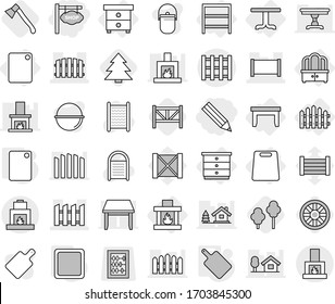 Editable thin line isolated vector icon set - pencil, shop signboard, fence, pallet, table, nightstand, chest of drawers, dresser, rack, cutting board, fireplace, trees, axe, wheel, farm, spruce
