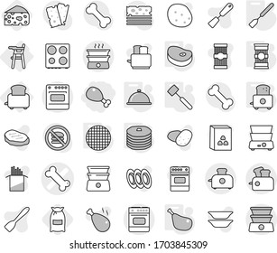 Editable thin line isolated vector icon set - chicken leg, bone vector, Chair for babies, toaster, spatula, meat hammer, sieve, meal cap, pasta, steake, pancakes, flour, cheese, oven, double boiler