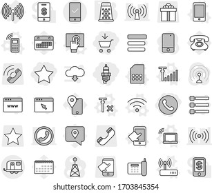 Editable thin line isolated vector icon set - add to cart, star, spark plug, phone, trailer, mobile checking, wireless, vector, laptop wifi, touchscreen, sim card, router, antenna signal, no, grater