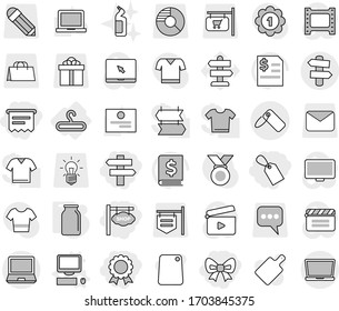 Editable thin line isolated vector icon set - bow, label, atm receipt, medal, shop signboard, singlepost, signpost, hanger, computer vector, bank, toilet cleanser, cutting board, notebook pc, pencil