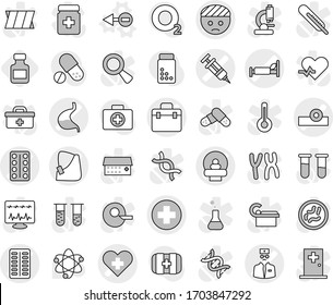 Editable thin line isolated vector icon set - doctor bag vector, medical cross, heart, bandaged head, syringe, pills blister, reflector, hospital bed, tomography, broken hand, stomach, electron, dna