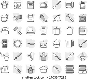 Editable thin line isolated vector icon set - bbq, pan, apron, cook glove, whisk, spatula, big fork, knife, chef, meat hammer, induction oven, blender, hot pepper, kettle vector, measuring cup, hat