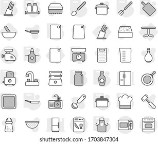 Editable thin line isolated vector icon set - table, cutting board, stands for knives, pan, kitchen scales, cook hat, apron, big spoon, fork, knife holder, toaster, salt pepper, bank, ketchup, sink