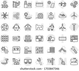 Editable thin line isolated vector icon set - tools, nail, bunker, slum, modular house, factory, measuring tape, construction, tower crane, architector, fork loader, railroad shipping, transporter