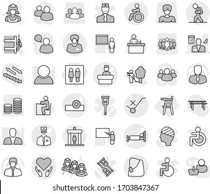 Editable thin line isolated vector icon set - wc, head reflector vector, hospital bed, broken hand, health care, doctor, recieption, architector, support manager, do not trolley sign, tourist, team