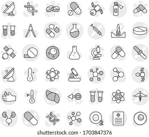 Editable thin line isolated vector icon set - pipette vector, pill, recipe, flask, potion bottle, virus, kidneys, liver, syringe, ambulance sign, satellite, acid, electron, rocket start, thermometer