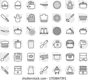 Editable thin line isolated vector icon set - flammable, bbq, pan, colander, cook hat, chief, apron, glove, egg timer, whisk, big spoon, gas oven, salt pepper, sieve, vector, spatula, knife, grater