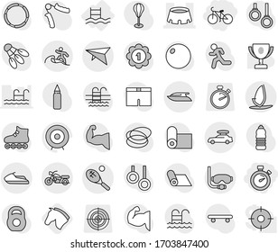 Editable thin line isolated vector icon set - stopwatch, bike, stadium, car baggage, deltaplane, motorcycle, diving mask, surfer, tennis, jet ski, yacht, windsurfing, pool, horse, award cup vector