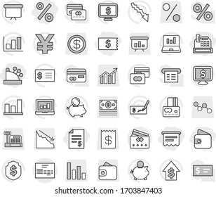 Editable thin line isolated vector icon set - account balance, receipt, wallet, percent, cashbox, atm, invoice, credit card, graph vector, laptop, crisis, piggy bank, dollar growth, check, shield