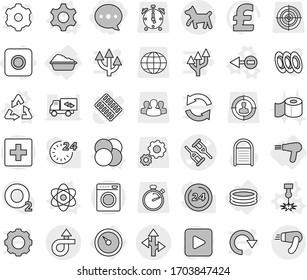 Editable thin line isolated vector icon set - balloon, crutch vector, trip, route, first aid, dog, barometer, ring button, washing, inflatable pool, hair dryer, gear, atom, core, electron, laser