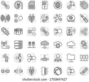 Editable thin line isolated vector icon set - mobile pay, satellite, wireless, share vector, connect, plug, cloud, service, orbit, web camera, sim card, router, molecule, gear, call, satellitie, rca