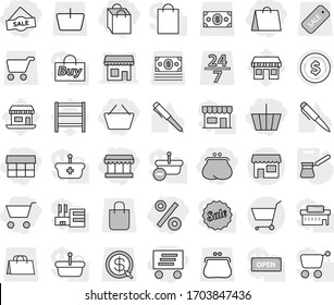 Editable thin line isolated vector icon set - cart, basket, purse, market, shopping bag, sale, percent, delivery, shop, turk, pen vector, dollar coin, office, shelving, money, 24 7, arrow, open, buy