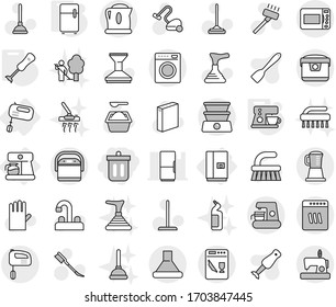 Editable thin line isolated vector icon set - bin, fridge, mixer, coffee maker, blender, plunger vector, vacuum cleaner, fetlock, mop, car, washing powder, rubber glove, water tap, brush, spatula