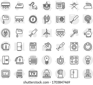 Editable thin line isolated vector icon set - air conditioning, radiator, washing machine, fridge, kettle, magnet vector, electric, on off button, solar power, grill oven, elecric, blender, iron, tv