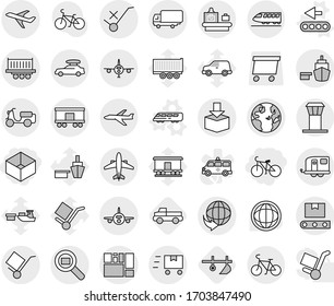 Editable thin line isolated vector icon set - box, bike, globe, plane, delivery, truck shipping, scooter, port, consolidated cargo, trolley, do not sign, package, search, railroad, transporter tape