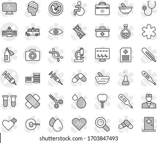 Editable thin line isolated vector icon set - syringe vector, doctor case, hospital, school building, bag, ambulance star, disabled, heart pulse, cross, thermometer, flask, vial, eye, dna, magnifier