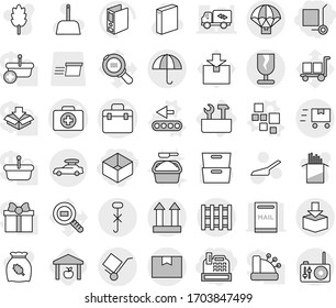Editable thin line isolated vector icon set - box, cashbox, cargo stoller, doctor bag vector, case, package, fragile, trolley, dry, top sign, do not hook, pallet, parachute delivery, fast deliver