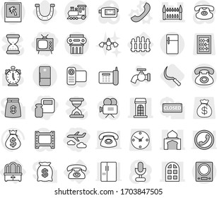 Editable thin line isolated vector icon set - scales weight, journey, tv, building, minaret, gothic architecture, arch window, phone, train, photo, antique column, dresser, fence, vector, sickle