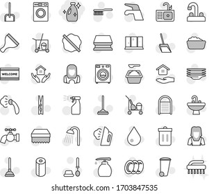 Editable thin line isolated vector icon set - cleanser, plunger vector, scraper, cleaner trolley, water tap, fetlock, mop, scoop, clothespin, sponge, trash bin, drop, splotch, welcome mat, steaming