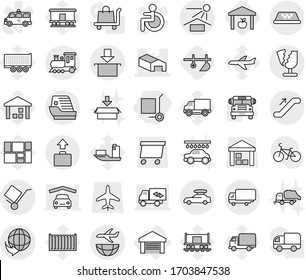 Editable thin line isolated vector icon set - cargo stoller, warehouse, delivery, shipping, trolley, sun potection, package, plane, broken, train, car baggage, taxi, escalator, cruise ship, garage
