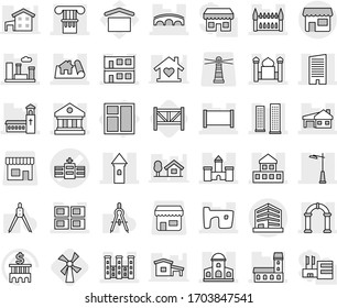 Editable thin line isolated vector icon set - hospital vector, column, tower, castle, mansion, project, cottage, library, skyscrapers, skyscraper, fence, church, minaret, slum, house with garage