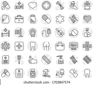 Editable thin line isolated vector icon set - flower, doctor bag vector, medical cross, ambulance star, label, crutch, patch, pill, pills bottle, recipe, monitor pulse, broken hand, dropper, tooth