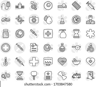 Editable thin line isolated vector icon set - medical cross vector, doctor case, dropper, syringe, first aid, invalid, liquid soap, school building, heart pulse, ambulance star, thermometer, flask