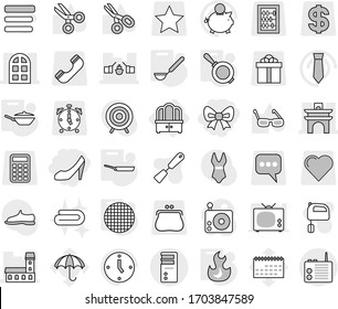 Editable thin line isolated vector icon set - bow, shoes, mansion, arch, drawbridge, window, dresser, pan, ladle, fire, sieve, towel, spatula vector, mixer, glasses, scissors, piggy bank, clock, tie