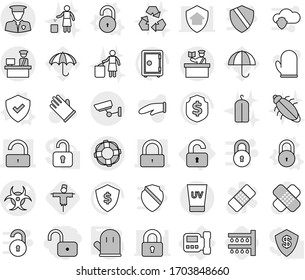 Editable thin line isolated vector icon set - unlock, biohazard vector, lock, customs control, security man, inspector, uv cream, surveillance, lifebuoy, unlocked, intercome, shield, cook glove, bug