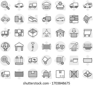 Editable thin line isolated vector icon set - box, cargo stoller, warehouse, truck shipping, car, scooter, package, trolley, sun potection, top sign, do not hook, courier delivery, search, parachute