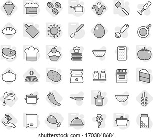 Editable thin line isolated vector icon set - chicken leg, mixer, pan, saute, kitchen scales, cook hat, chief, apron, spatula, meat hammer, cutting board, gas oven, meal cap, potato, tomato, steake